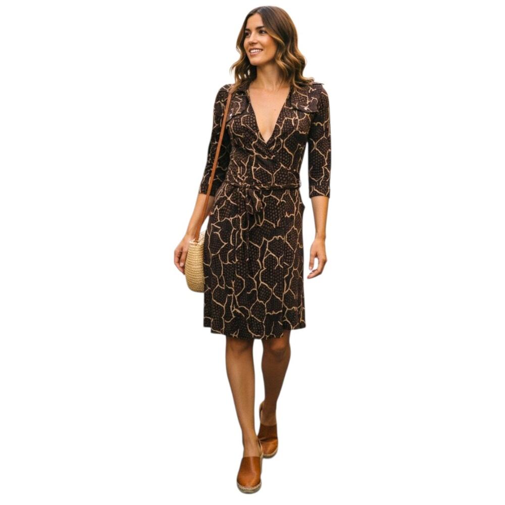 Diane von Furstenberg Silk Modern Dot Collared Wrap Mini Dress Brown Women's 4